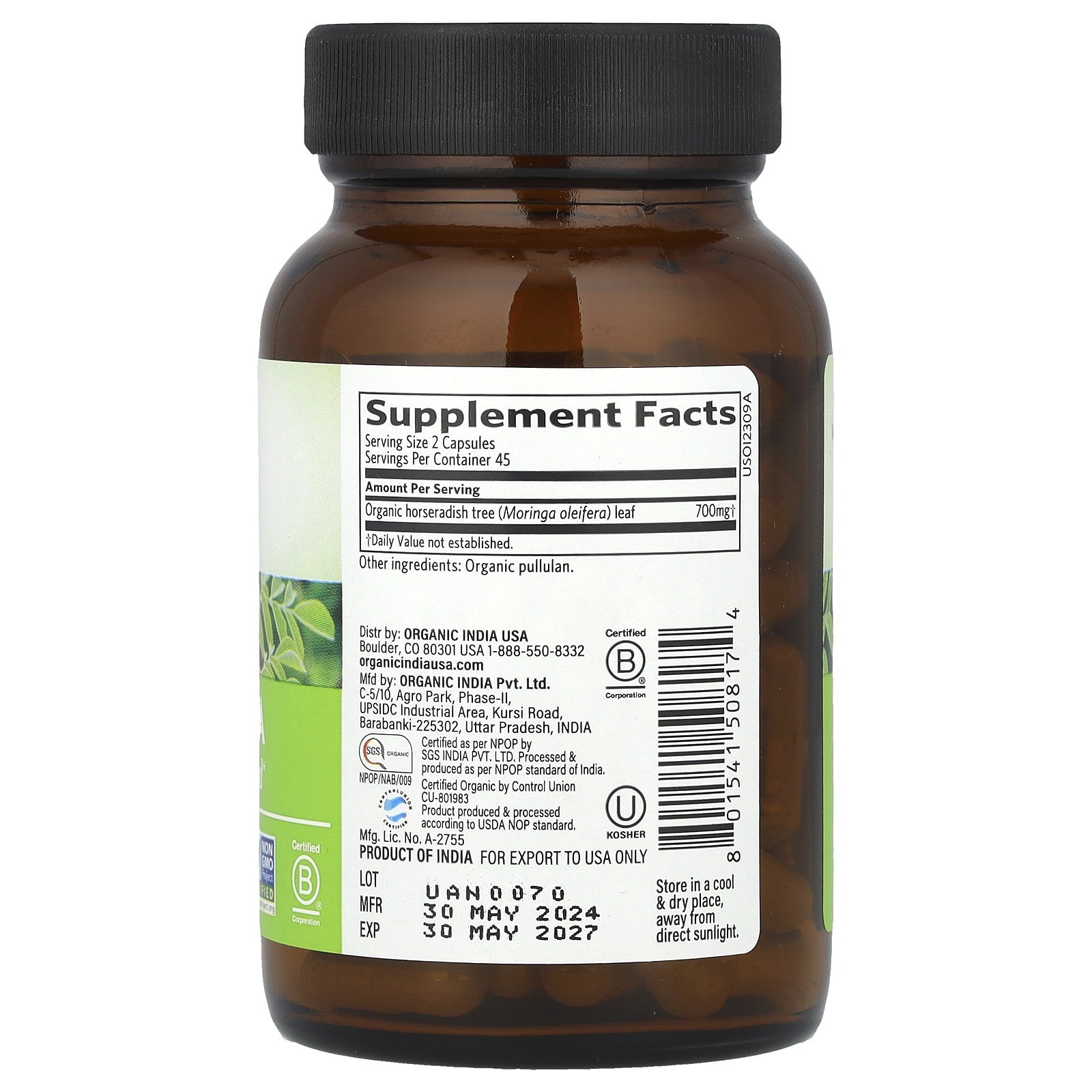 Organic India Moringa 90 Veggie Caps Gluten-Free, Organic, Vegan, Vegetarian